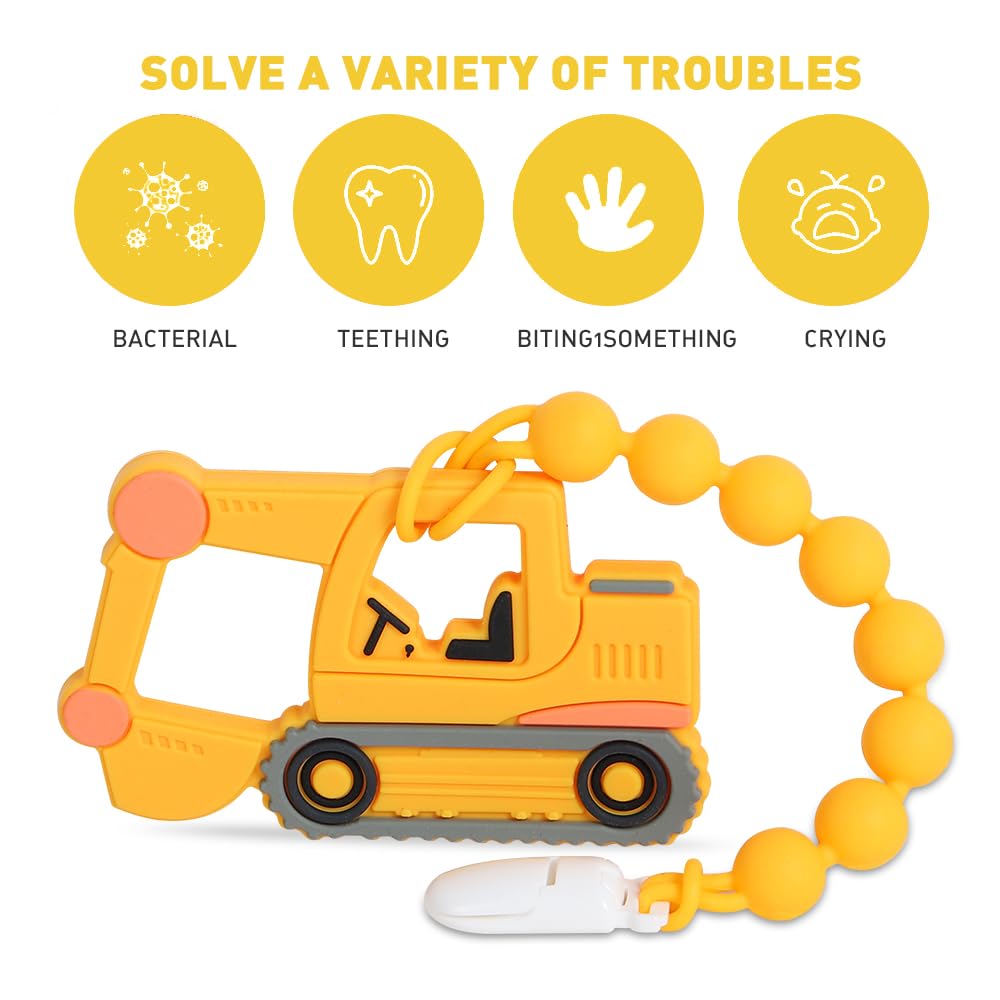 Baby Construction Vehicles Teething Toys,Food Grade Silicone Teether with One-Piece Pacifier Clip Holder,Best Shower Gift for 3 Months+ Boy