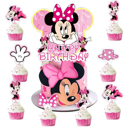 Pink Mouse Birthday Cake Topper for Girls, 25 Pcs Cute Mouse Cake Topper and Cupcake Toppers Set, Cartoon Themed Celebration Cake Decor, Perfect