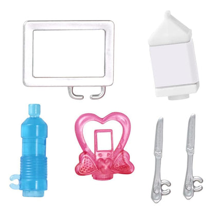 Mattel Replacement Parts for Barbie Doll Hello Dreamhouse - DPX21 ~ Replacement Barbie Size Silver Tablet, Pink Heart Charger, Blue Bottle, Milk