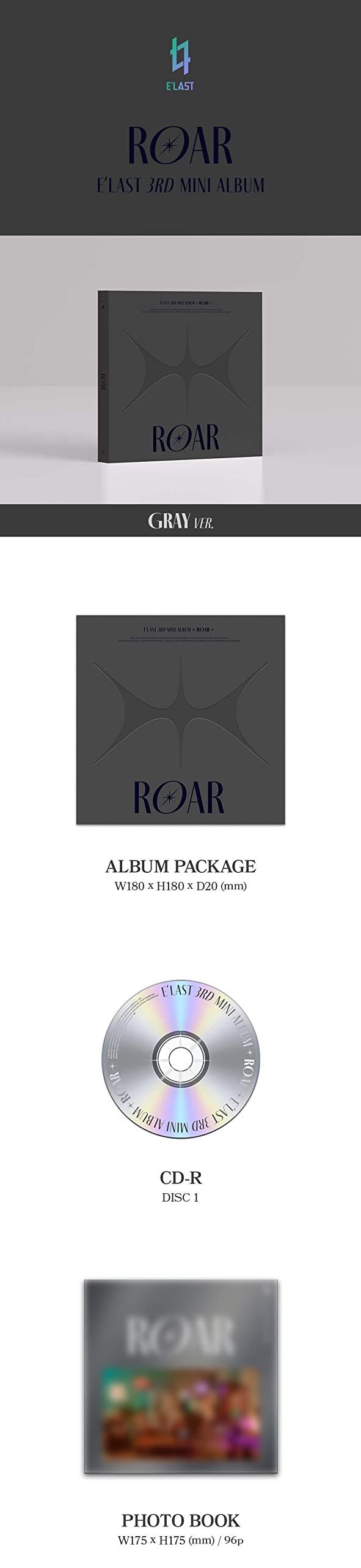 E'LAST - ROAR [GRAY ver.] (3rd Mini Album) Album+BolsVos K-POP eBook (21p),1EA BolsVos Sticker for Toploader, Photocards