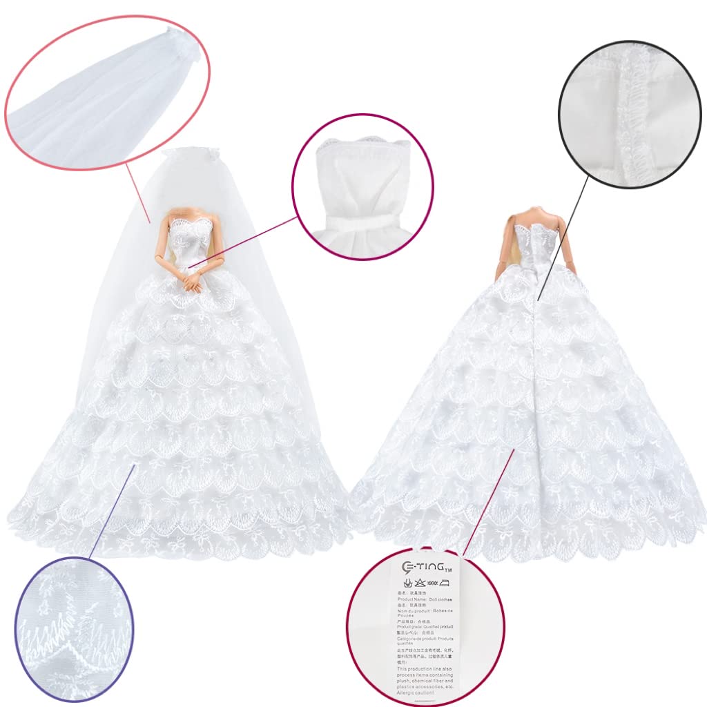 E-TING White Gorgeous Long Wedding Dress Princess Gown Clothes with Veil for 11.5 inch Dolls?Doll Not Included?