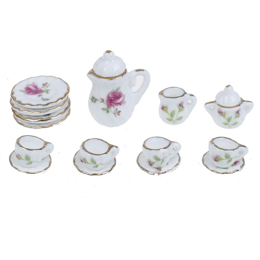CoscosX 15 Pcs 1:12 Dollhouse Dining Ware Miniature Dish Cup Plate Pink Rose Chintz with Golden Trim Tableware Porcelain Ceramic Coffee Tea Cups