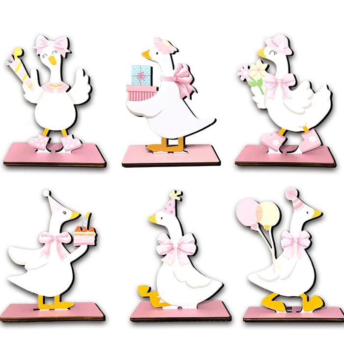 6Pcs One Silly Goose Birthday Decor - Pink Wooden Geese For Women Pink Bow Duck Funny Party Supplies