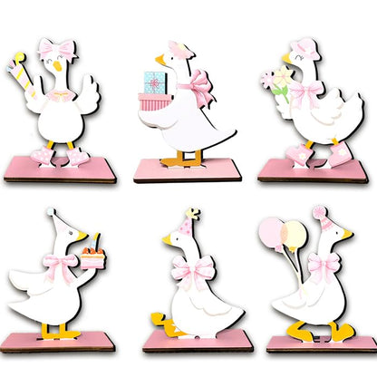 6Pcs One Silly Goose Birthday Decor - Pink Wooden Geese For Women Pink Bow Duck Funny Party Supplies
