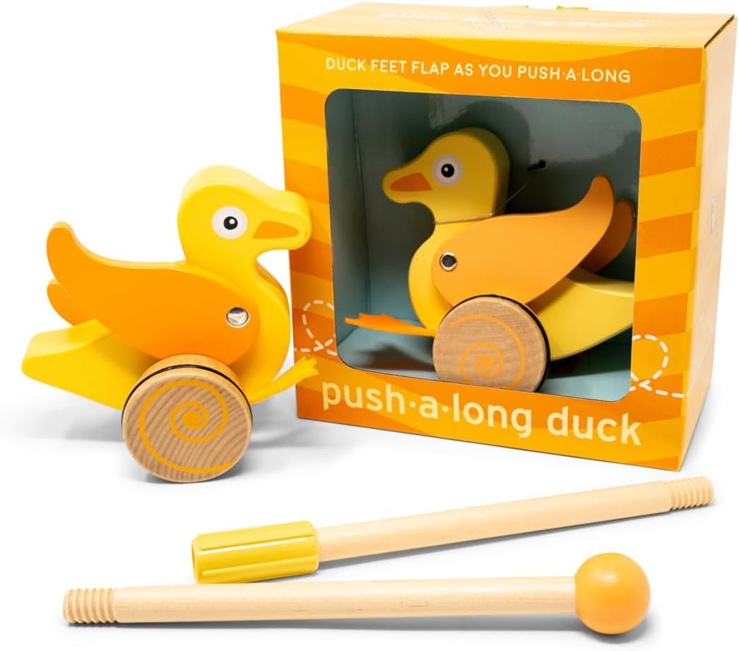 Wooden Duck Push Toy by Jack Rabbit Creations- Classic Toddler Push Toy for Early Walking, Balance and Motor Skills Development- Collapsible