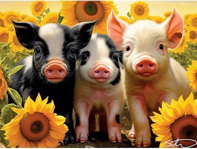 Bits and Pieces 300 Piece Puzzles for Adults - Hello Sunshine - 300 Large Pieces 18" x 24" Jigsaw Puzzles, Pigs Piglets Sunflowers, No 2 Pieces Alike