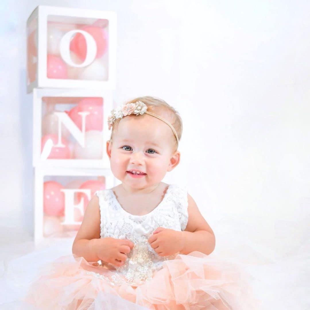 First Birthday Decorations Balloon 'ONE' Boxes for Baby Girl - 24 Balloons - Baby 1st Birthday Girl Decoration, Clear Cube Blocks 'ONE' Letters as