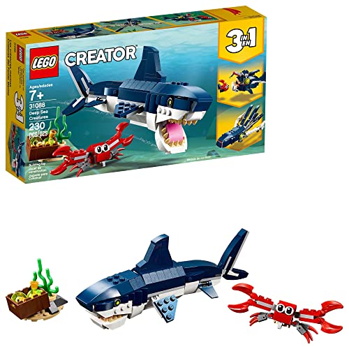 LEGO Creator 3 in 1 Deep Sea Creatures, Transforms from Shark and Crab to Squid to Angler Fish, Sea Animal Toys, Gifts for 7 Plus Year Old Girls