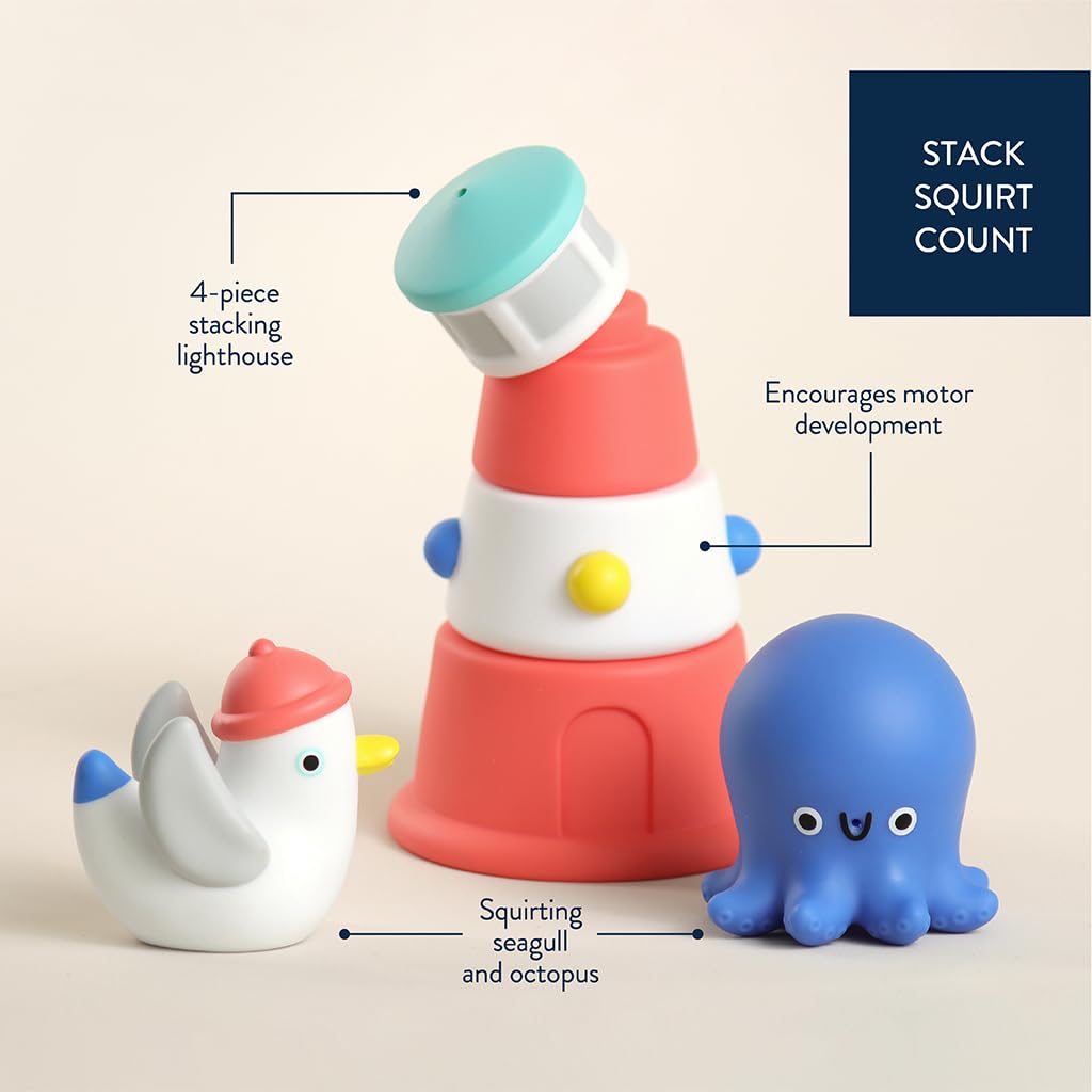 Itzy Ritzy Stack & Squirt Bath Toy Set for Babies and Toddlers - Includes Stackable Lighthouse and Water-Squirting Seagull & Octopus - Perfect