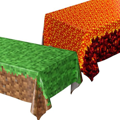 Pixel Field & Lava Duo Table Covers (Pack of 2) - XL 54"x108" - Immersive Biomes Birthday Party Decorations, Gamer Party Tablecloth, Pixel Themed