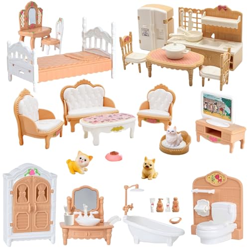 36Pcs Dollhouse Furniture Set,Miniature 1:12 Scale Dolls House Accessories with Cat,Dog,Kitchen, Dining Room, Living Room,Bedroom for Playhouse