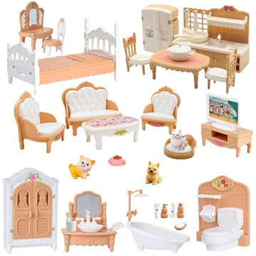 36Pcs Dollhouse Furniture Set,Miniature 1:12 Scale Dolls House Accessories with Cat,Dog,Kitchen, Dining Room, Living Room,Bedroom for Playhouse