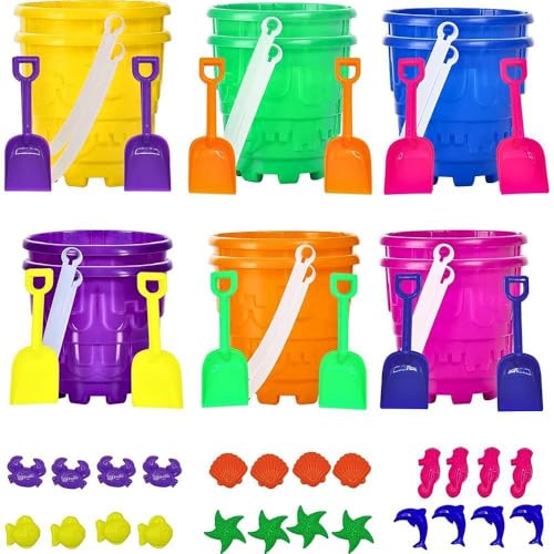 4E's Novelty 12 Sets Beach Toys - Includes 12 Sand Buckets, 12 Shovels, 24 Sand Molds for Kids - Small 5.75" Beach Buckets Bulk, Summer Party Favors