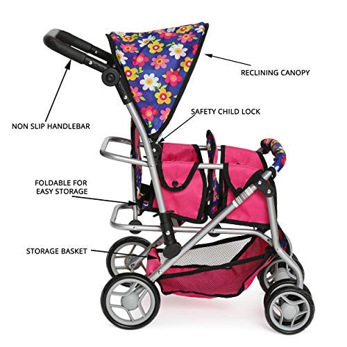 Twin Doll Stroller with Diaper Bag and Swivel Wheels & Adjustable Handle - Pink & Polka Dot Design (Flower)