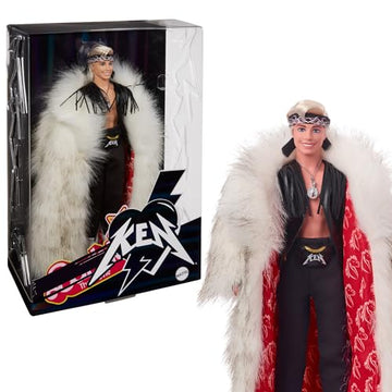 Barbie The Movie Collectible Ken Doll Wearing Big Faux Fur Coat and Black Fringe Vest with Bandana