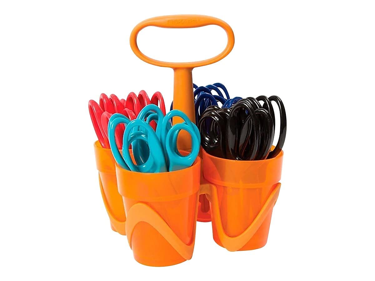 Fiskars 5" Pointed-Tip Scissors for Kids 4-7 with Classpack Art Caddy Organizer (24-Pack) - Kids Scissors for School or Crafting - Back to School