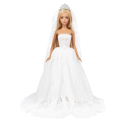 BARWA White Wedding Dress with Long Veil Evening Party Princess White Lace Gown Dress for 11.5 Inch Girl Doll