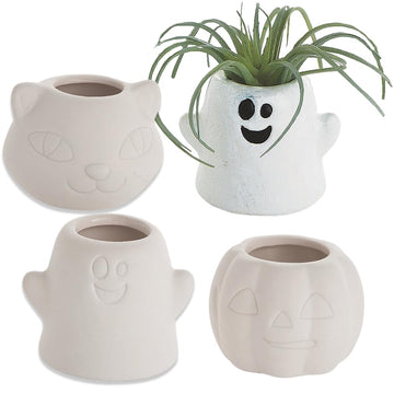Fun Express DIY Mini Ceramic Halloween Planters - Set of 12 - Catt, Ghost and Pumpkin - Craft for Kids