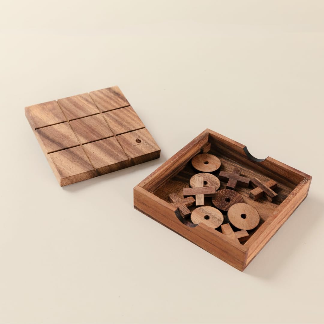 Wooden Tic Tac Toe (XOXO) Game - Handmade 2-Player Strategy Board Game - Travel Size, Rustic Tabletop Decor - Sustainable Wood Gift for Adults, Kids