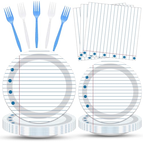 100 Pcs Back to School Party Supplies - Serves 25, Notebook Lined Paper Disposable Tableware, Includes Paper Plates, Napkins, and Plastic Forks