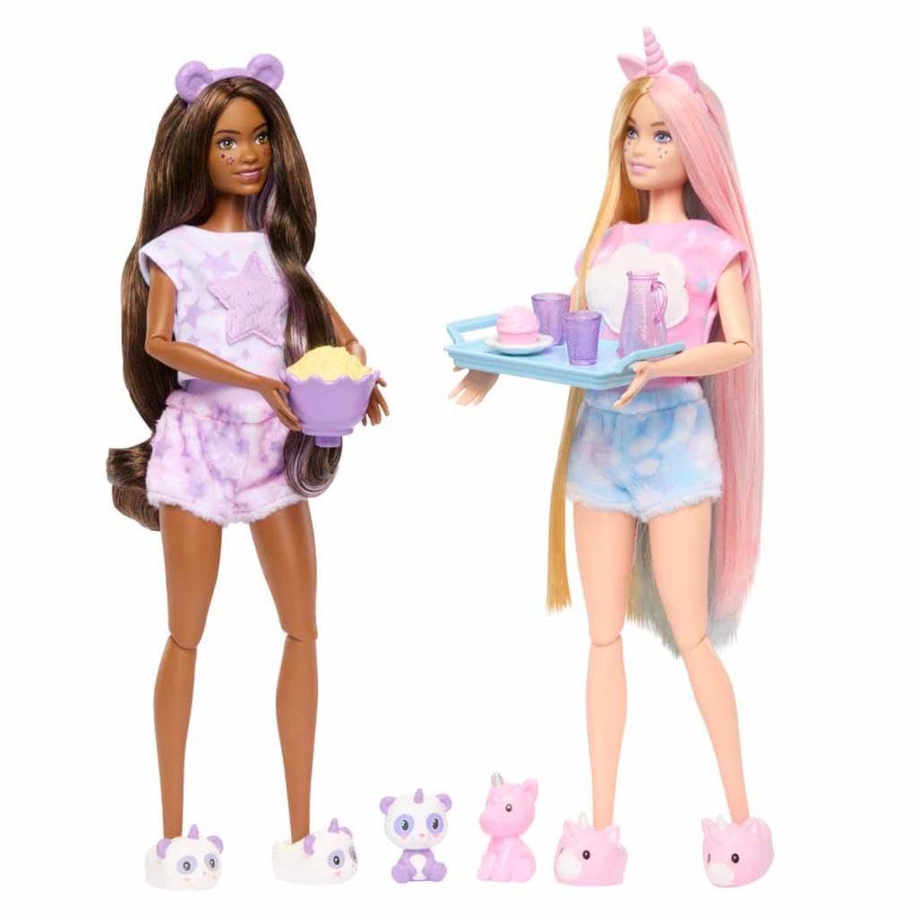Barbie Cutie Reveal Set, Cozy Sleepover Set with 2 Fashion Dolls & Pajamas, Sleeping Bags & Bedtime-Themed Accessories