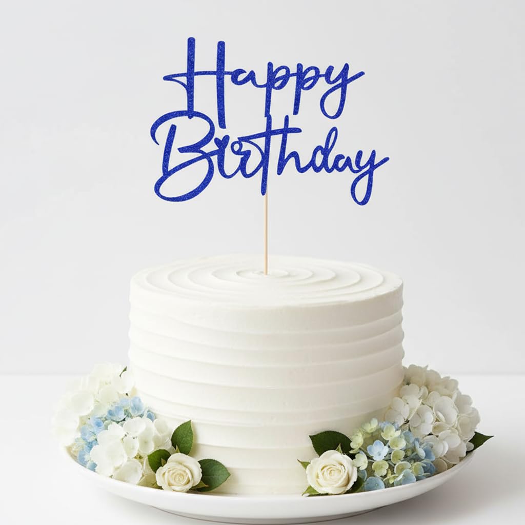 Sleyberoy Glitter Happy Birthday Cake Topper-Handmade Happy Birthday Cake Decor?Anniversary/Birthday Party?Photo Booth Props Decoratio (dark blue-1)
