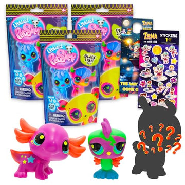 Littlest Pet Shop Blind Bags - Bundle with 3 Cute Animal Mini Figures for Kids, Adults Plus Stickers | Littlest Pet Shop Blacklight Figures Series 1