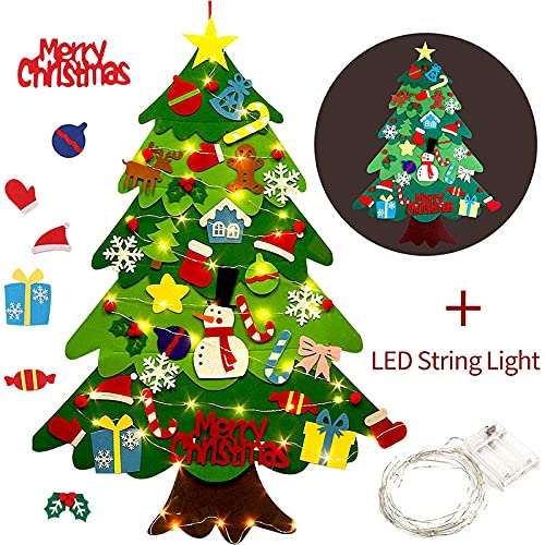 izosen Felt Christmas Tree for Kids Wall with Led String Light, 3Ft Wall Hanging DIY Felt Christmas Tree & 32 Felt Detachable Ornaments for Boys Girls