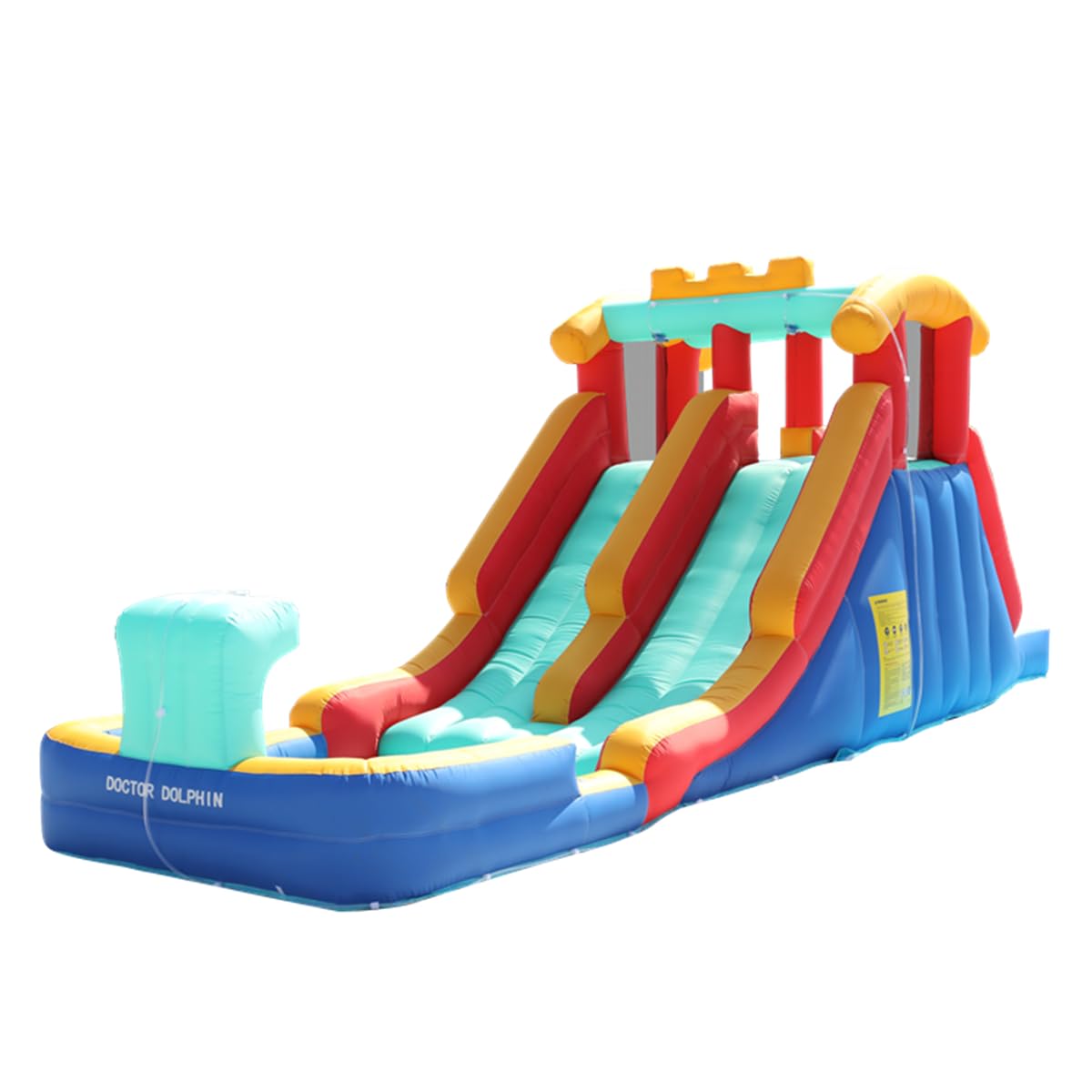 Doctor Dolphin Inflatable Water Slide with Dual Racing Slides, Mega 9-in-1 Water Park for Kids Backyard, Water Bounce House with Climbing Wall