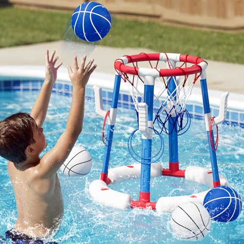 2-in-1 Pool Basketball Hoop & Ring Toss Game, Floating Pool Toys for Kids