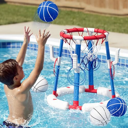 2-in-1 Pool Basketball Hoop & Ring Toss Game, Floating Pool Toys for Kids