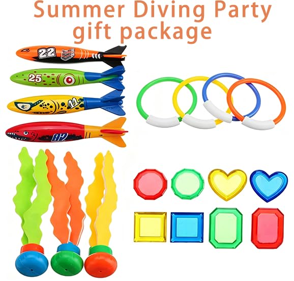 Eeonirin 19 PCS Swimming Pool Diving Party Set, Including 4 Rings + 4 Torpedoes + 8 Gemstones + 3 Seaweeds. Suitable for Swimming Pool Family Party