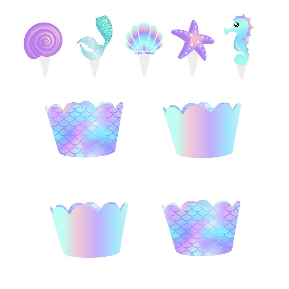 YOMINY Mermaid Cupcake Toppers and Wrappers, 40 pcs Double Side Little Mermaid Theme Decoration,Under The Sea Theme, Baby Shower Birthday Party Favor