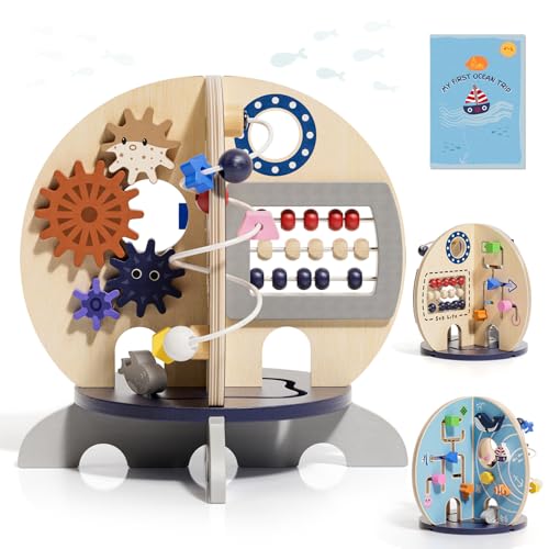 RRIBOUDWAN Wooden Ocean Activity Cube, Montessori Sensory Toy for 6-18 Months Toddlers, Birthday Gift for 1 Year Old Boys Girls