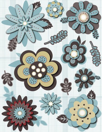 FISKARS Cloud 9 Cocoa Mint 4-5/8 Inch by 7 Inch Dimensional Stickers Sheet, 3-Layer Flowers with Glitter and Rain Drops