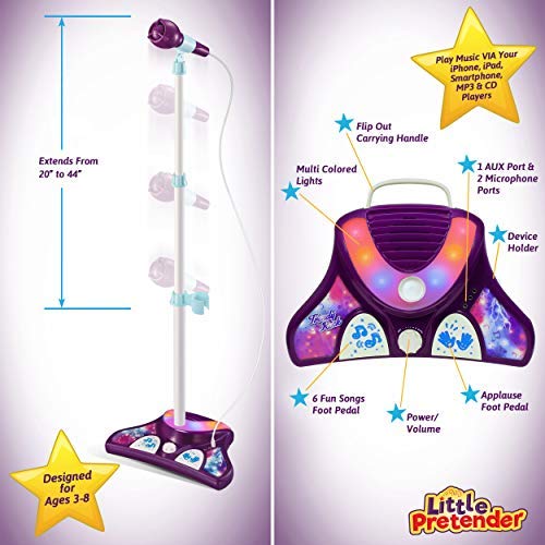 Little Pretender Kids Karaoke Machine with 2 Microphones and Adjustable Stand,AUX Port, Music Sing Along with Flashing Stage Lights and Pedals for Fun