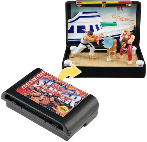 Console Heroes Super Street Fighter II Collectible Diorama - Mini Ryu & Ken Figures with Dock Stage Scene - Retro SEGA Genesis Cartridge Display &