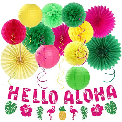 Hawaiian Aloha-Luau Flamingo Party-Decorations Supplies - 21pcs Hello Banner,Pool Paper Lanterns Honeycomb,Beach Theme Streamers Garland,Tissue Pom