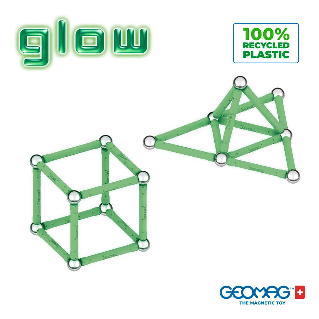Geomag, Glow Recycled, Magnetic Constructions with Glow Effect, Magnetic Bars Glowing in The Dark, 25-Piece Pack, 100% Recycled Plastic