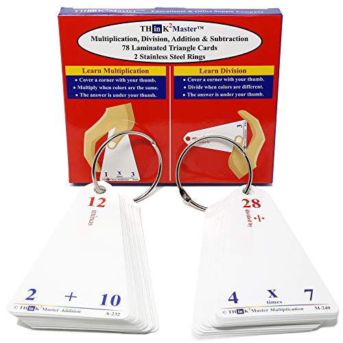 Think2Master Premium Laminated Multiplication Division Addition & Subtraction Triangle Flash Cards | 78 Dry Erasable Flashcards. Includes 2 Rings.