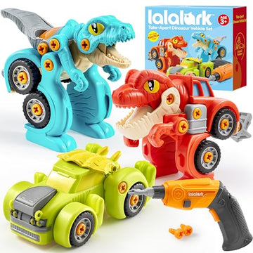lalalark Dinosaur Cars, Dinosaur Toys for Kids 3-5, Take Apart Construction Building Toy with Electric Drill, STEM Educational Transform Car Playsets