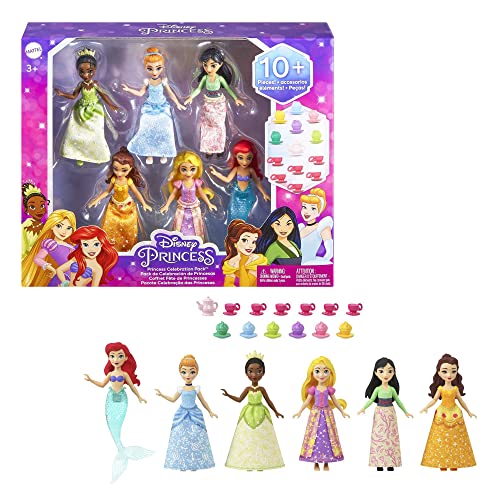 Mattel Disney Princess Toys, Small Doll Party Set with 6 Posable Dolls in Sparkling Clothing & 13 Tea Time Accessories