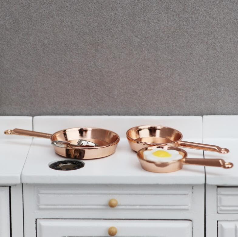 EatingBiting 1:12 1/12 Scale Dollhouse Miniature Furniture Set of 3 Chrome Frying Pans Doll House Display Kitchen Cookware Accessories Christmas