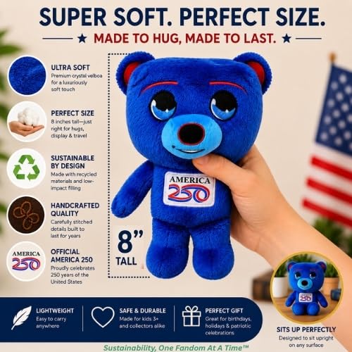 Grovii America 250 USA Bear Midori Plushie, 8” Super Soft Collectible Plush Toy, Official Licensed Chibi Character