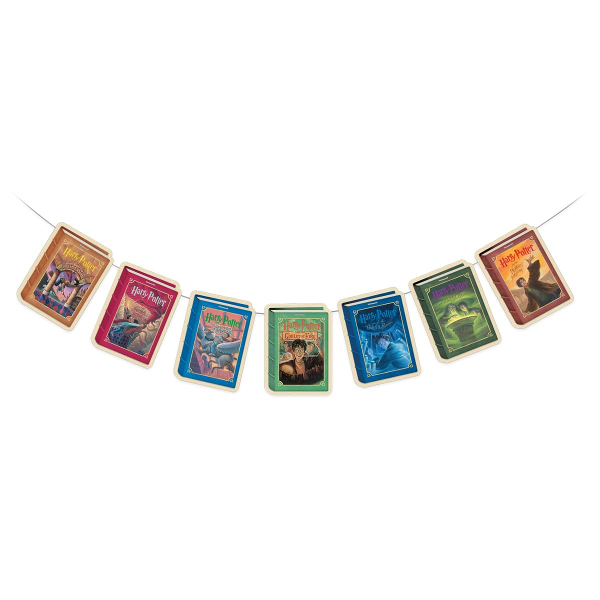 ConQuest Journals Harry Potter Literary Book Cover Art Hanging Cardstock Banners, 4 Strings of 7 Cards (28-Pieces), 5.5'' x 4'' Cards, 72'' Clear