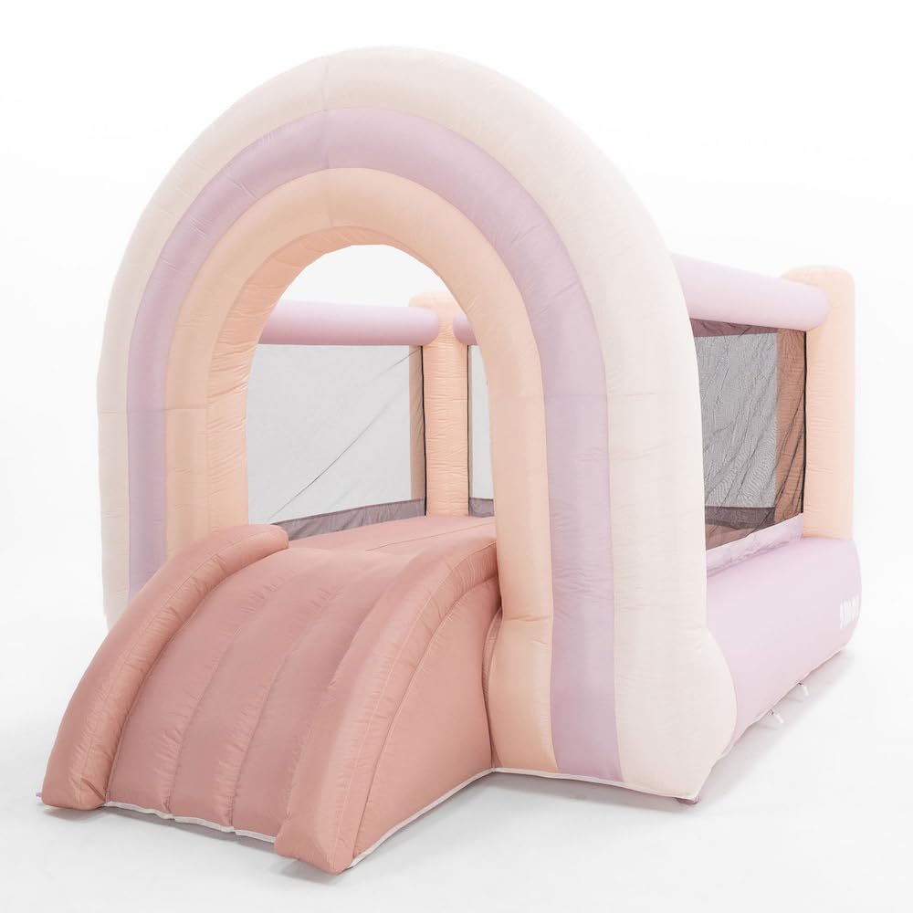 PLAYSMOL Pink Rainbow Inflatable Bounce House with Blower, 8x8 Kids Jumping House for Indoor Outdoor Play, Bouncy Castle, Ages 3-8