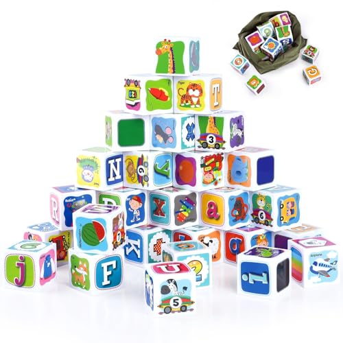 PLAY ABC Building Blocks for Toddlers 1-3, 28 PCS Plastic Baby Alphabet Letters Number Stacking Blocks Set, Preschool Learning Educational Montessori