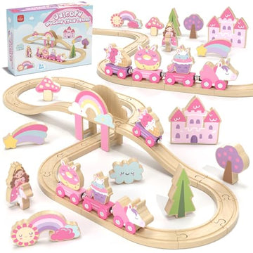 Lehoo Castle Wooden Train Set - Unicorn Train Set for Toddlers 2-4, Wooden Train Track Toddler Girl Toys, Pink Train Fantasy Toys for 3 4 5 6 7 Year