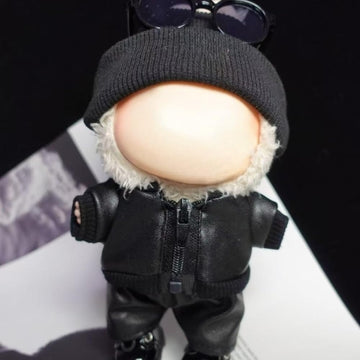 Clothes for Labubu Faux Leathe Cool 5-Piece Set - Biker Jacket,Pants,Shoes,Knit Hat & Sunglasses for 17cm Dolls(No Doll) (Black)