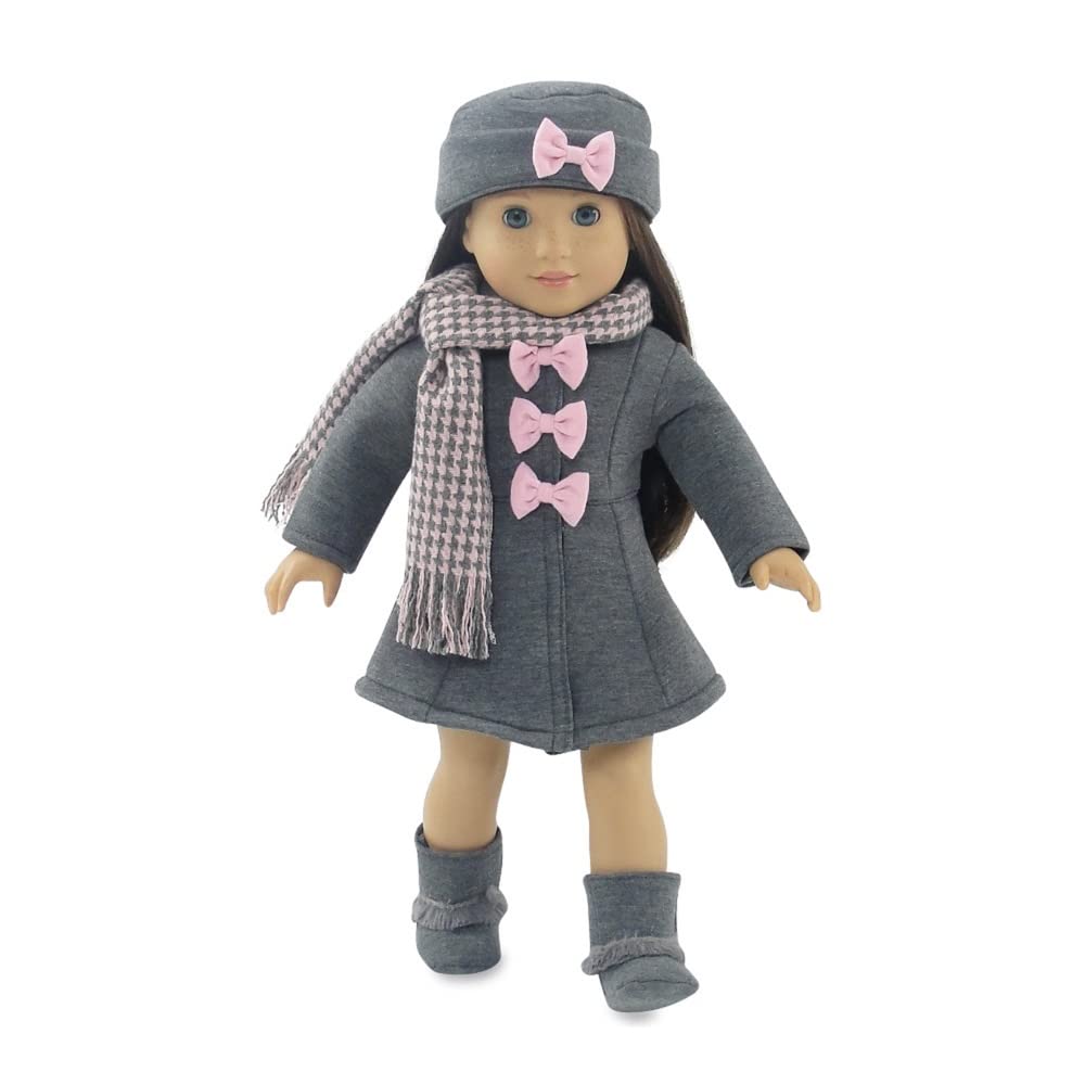 Emily Rose 18-inch Doll Clothes Grey and Pink 4 PC Winter Coat Outdoor Outfit, Includes Matching Hat, Boots and Scarf | Compatible with 18" American